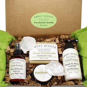 Patchouli Spa Gift Box; Soap Lotion, Spray, Sugar Scrub from Sweet Scents Soap